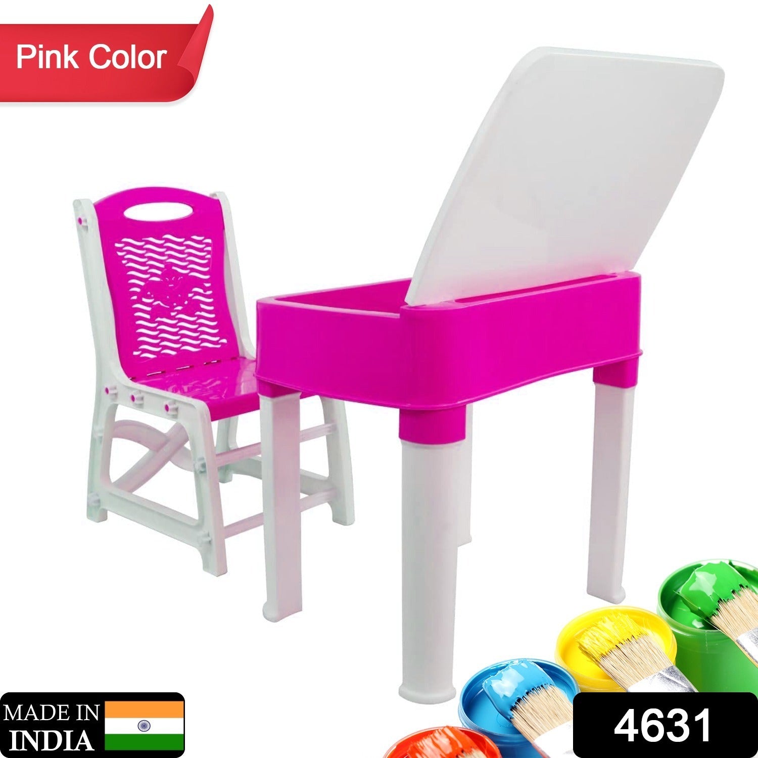 High-quality plastic study table and chair set in pink, includes a small box for pencils. High-quality plastic study table and chair set in pink, includes a small box for pencils.